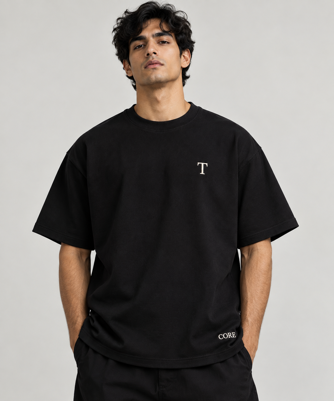 T Monogram Oversized Tee — Jet Black (CORE Series)