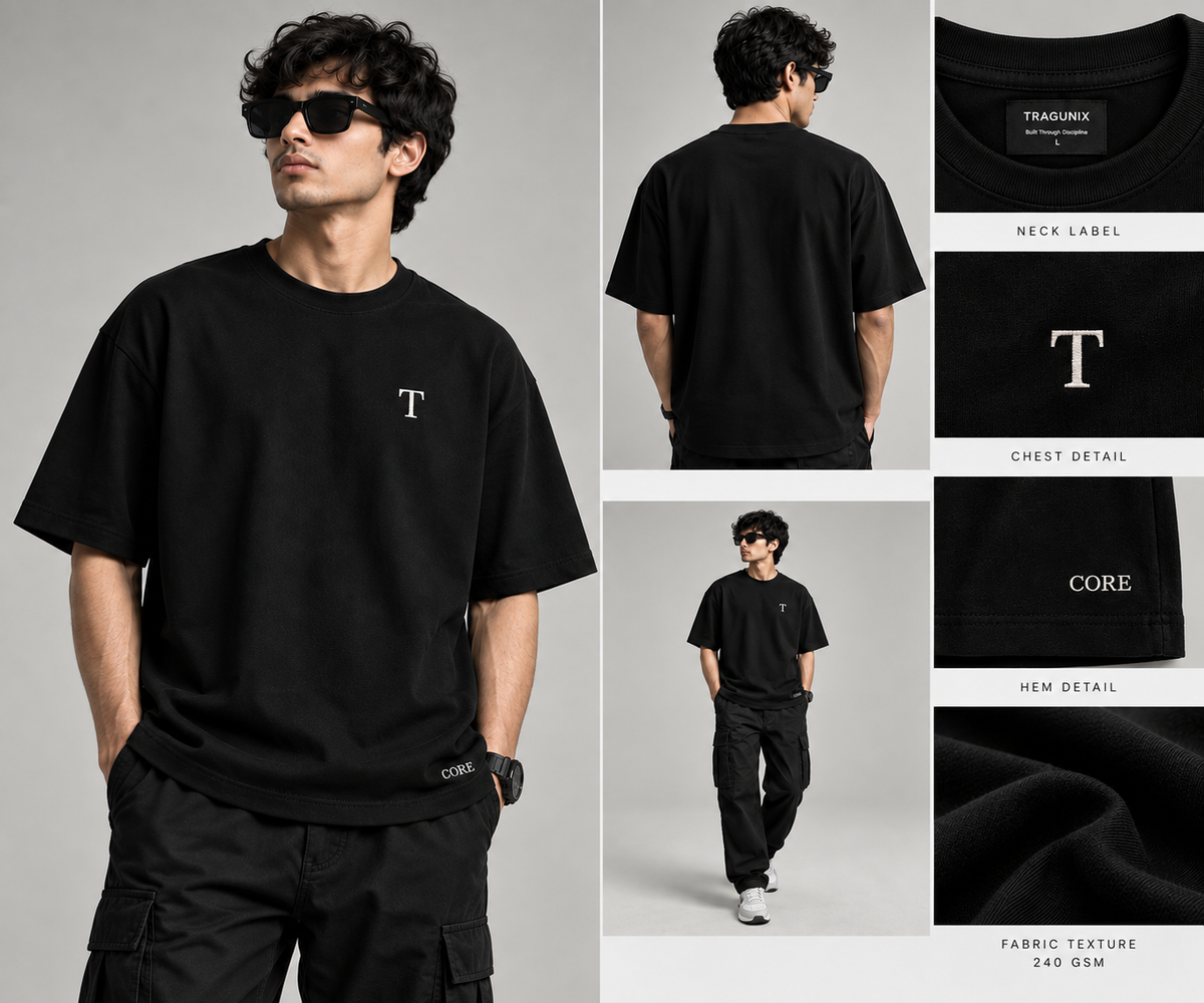 T Monogram Oversized Tee — Jet Black (CORE Series)