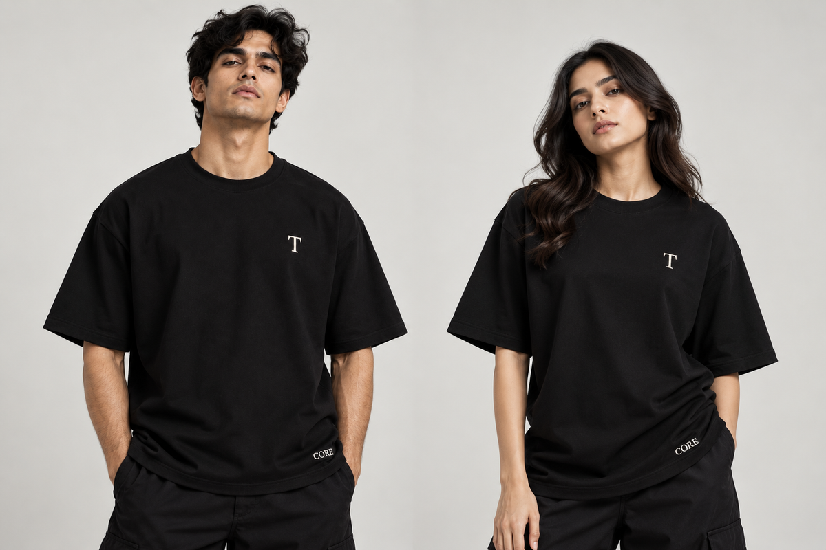 T Monogram Oversized Tee — Jet Black (CORE Series)